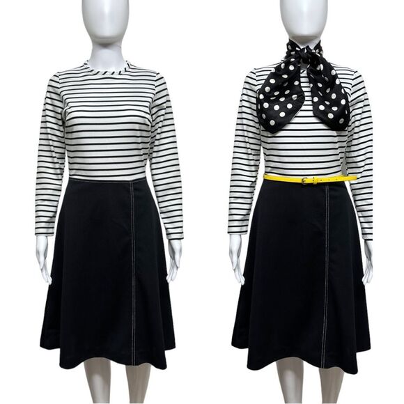 VINTAGE 60s 70s Mod Groovy Black White Polyester Striped Fit & Flare Dress 6 8 S - Picture 1 of 14